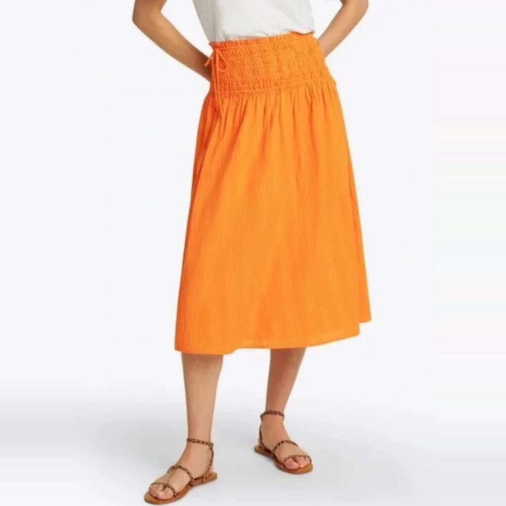 Draper James Smocked Waist Midi Skirt in Cotton Dobby Orange size XS